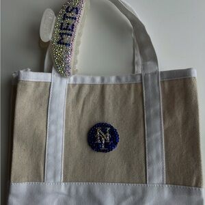 Beaded Canvas Tote Bag - Tan and White